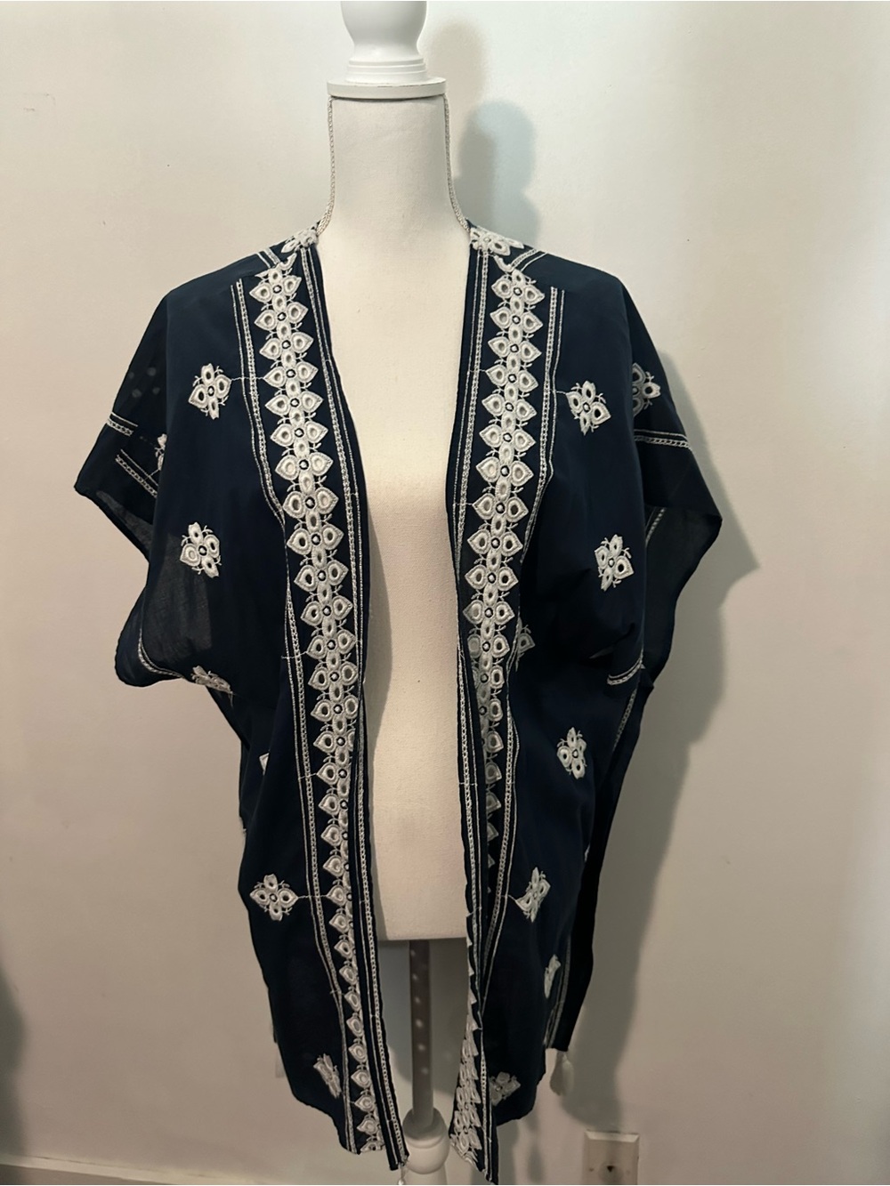 Women's Navy Embroidered Open-Front Kimono Jacket